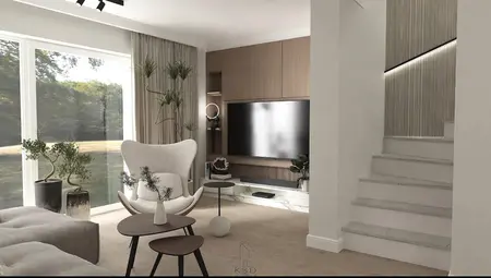 Stylowe wnętrze minimalistycznego salonu z białą sofą i drewnianymi elementami.