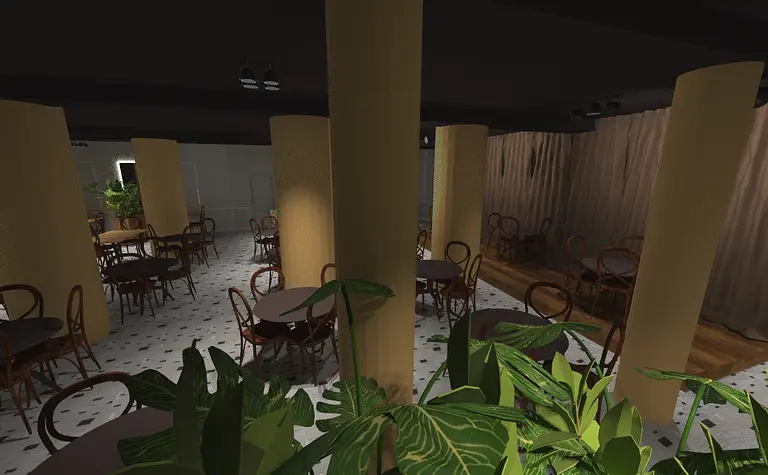 Wnętrze restauracji z okrągłymi stołami, zielonymi roślinami i eklektycznym wystrojem.