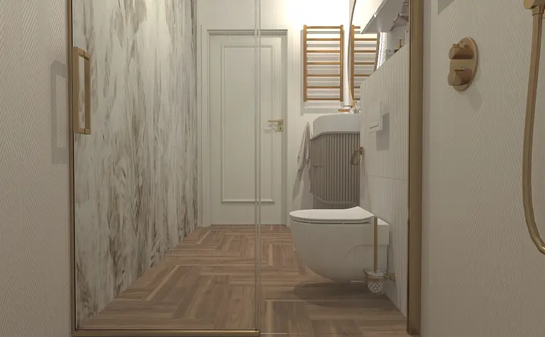 Współczesna łazienka z drewnianą podłogą i jasnymi płytkami.