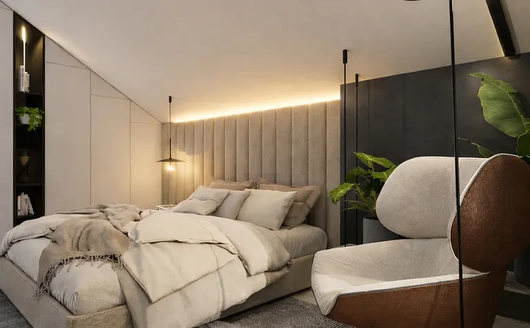 Sypialnia minimalistyczna z szarym łóżkiem, nowoczesnym fotelem i roślinami.
