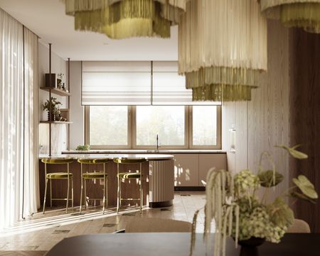 Nowoczesna kuchnia w stylu art deco z drewnianymi meblami i zielonymi akcentami.