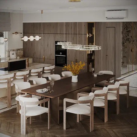 Wnętrze jadalni z drewnianym stołem, białymi krzesłami i delikatnymi akcentami quiet luxury.