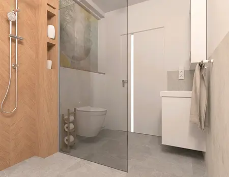 Nowoczesna łazienka w stylu skandynawskim z drewnianymi elementami i minimalistycznym wykończeniem.