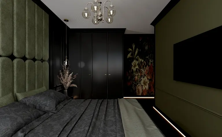 Sypialnia z elementami glamour, quiet luxury i tradycyjnym wystrojem.
