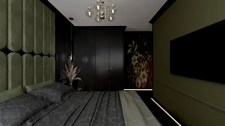 Sypialnia z elementami glamour, quiet luxury i tradycyjnym wystrojem.