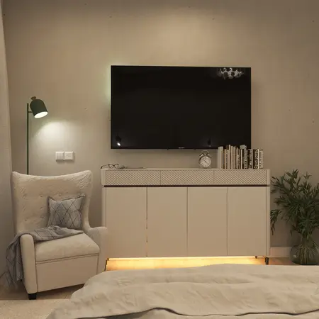 Wnętrze salonu z telewizorem, jasnymi meblami i rośliną, styl nowoczesny i skandynawski.