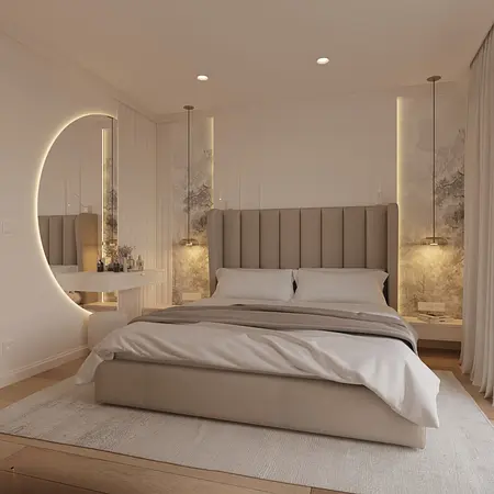 Sypialnia w stylu quiet luxury z beżowym łóżkiem i nowoczesnym oświetleniem.
