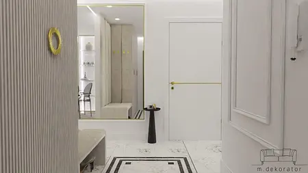 Nowoczesny przedpokój z białymi ścianami, marmurową podłogą i złotymi detalami w stylu glamour.