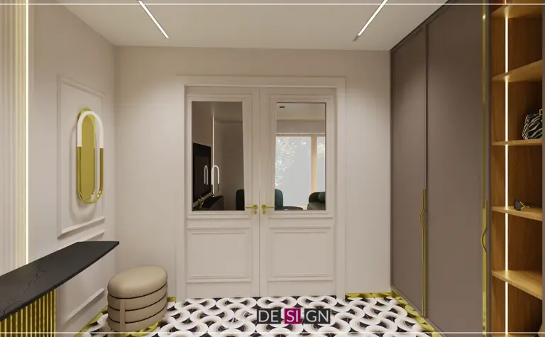 Przedpokój art deco z szafą, lustrem i elegancką podłogą.