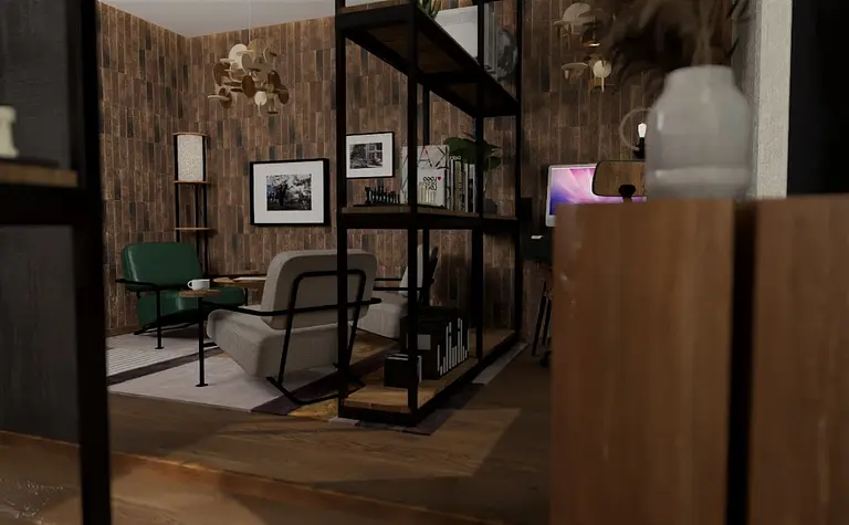 Wnętrze salonu w stylu industrialnym z minimalistycznymi meblami i nowoczesnymi dodatkami.
