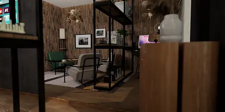 Wnętrze salonu w stylu industrialnym z minimalistycznymi meblami i nowoczesnymi dodatkami.