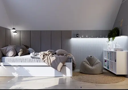 Wnętrze poddasza z białym łóżkiem, szarymi dodatkami i boho akcentami.