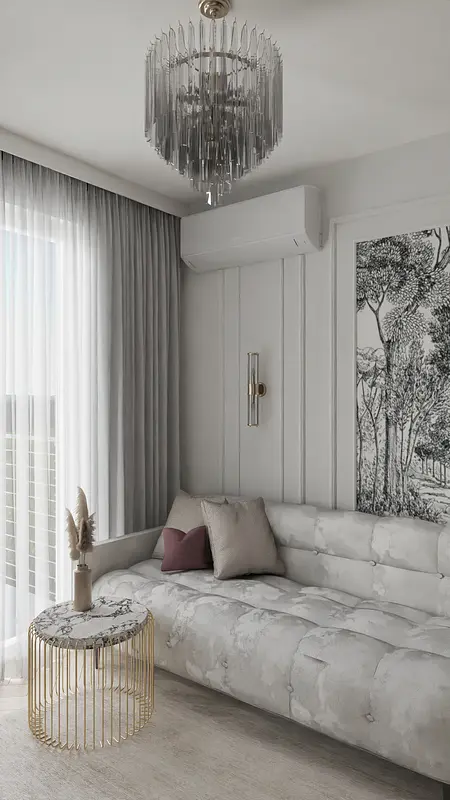 Nowoczesny salon z szarymi meblami i złotymi detalami, styl glamour