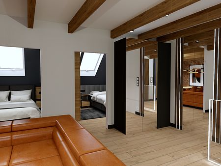 Wnętrze industrialne z pomarańczową sofą i drewnianymi detalami.