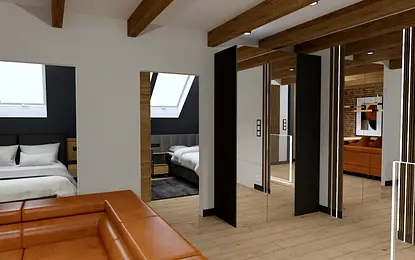 Wnętrze industrialne z pomarańczową sofą i drewnianymi detalami.