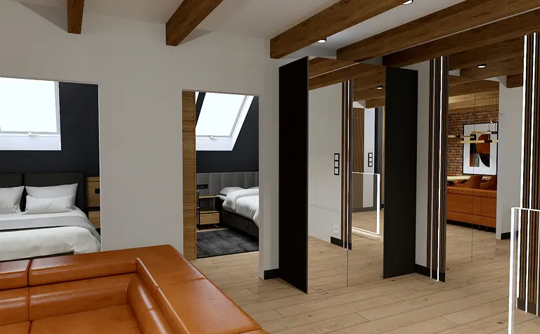 Wnętrze industrialne z pomarańczową sofą i drewnianymi detalami.