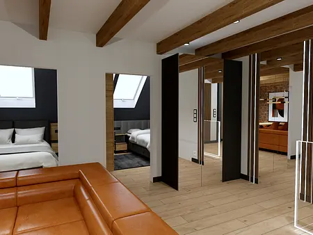 Wnętrze industrialne z pomarańczową sofą i drewnianymi detalami.