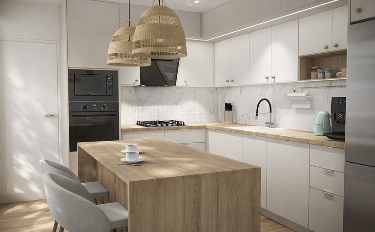 Kuchnia w stylu eklektycznym z białymi i drewnianymi elementami.