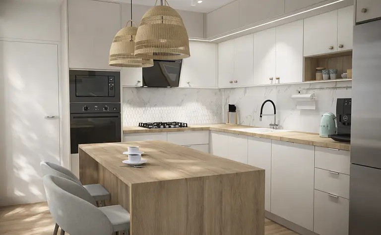 Kuchnia w stylu eklektycznym z białymi i drewnianymi elementami.