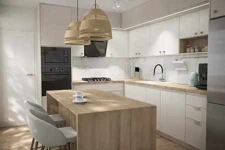 Kuchnia w stylu eklektycznym z białymi i drewnianymi elementami.