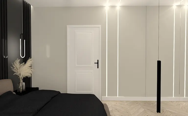 Wnętrze garderoby z minimalistycznym wystrojem, industrialnym oświetleniem i nowoczesnymi detalami.