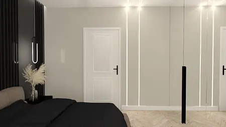 Wnętrze garderoby z minimalistycznym wystrojem, industrialnym oświetleniem i nowoczesnymi detalami.