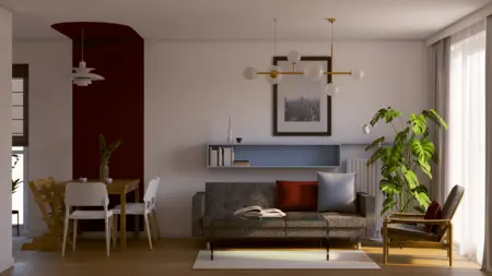 Wnętrze salonu z eklektycznym, skandynawskim i vintage stylem