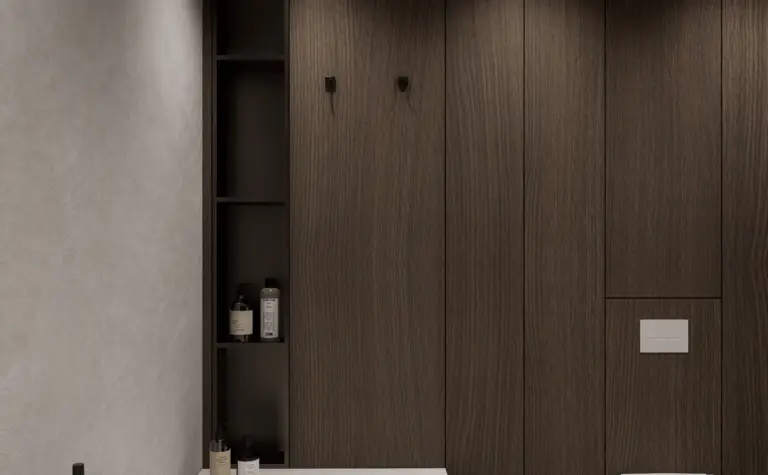 Minimalistyczna łazienka z drewnianymi elementami, nowoczesną wanną i prowansalskimi detalami.