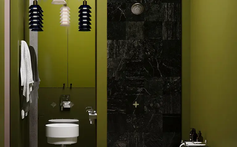 Zielona łazienka z wanną, nowoczesnymi elementami i vintage akcentami