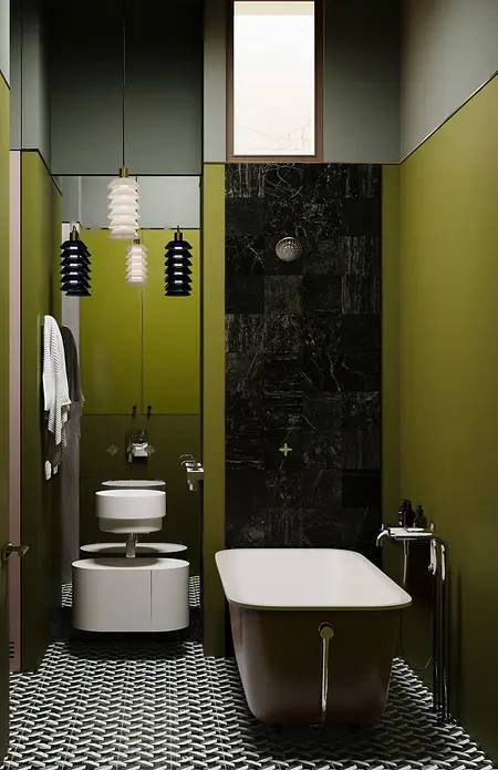Zielona łazienka z wanną, nowoczesnymi elementami i vintage akcentami