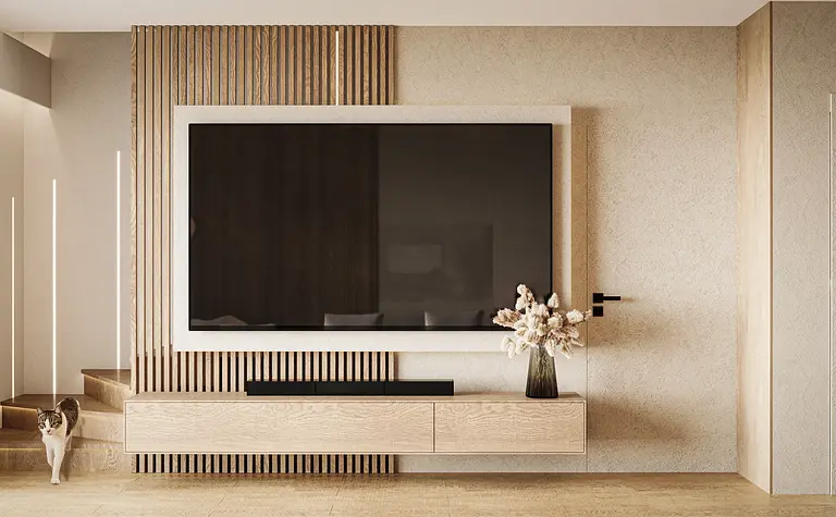 Stylowe wnętrze w stylu japandi i minimalistycznym z drewnianymi akcentami.