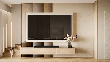 Stylowe wnętrze w stylu japandi i minimalistycznym z drewnianymi akcentami.