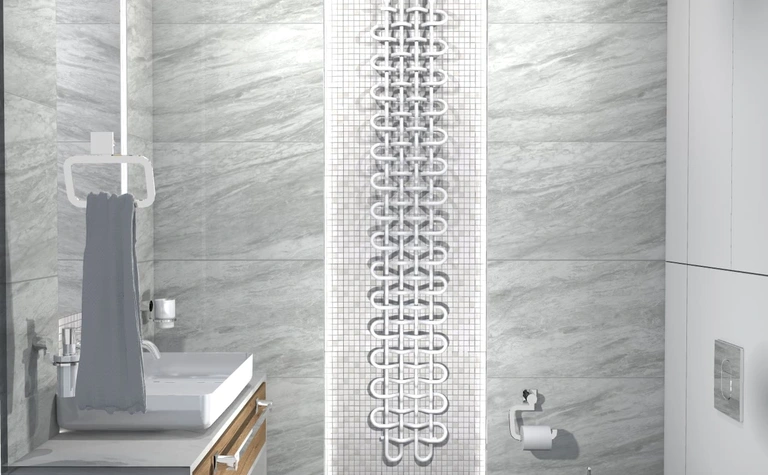 Nowoczesna łazienka z szarymi płytkami, drewnem i detalami w stylu dopamine decor, industrialnym.