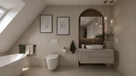 Wnętrze łazienki w stylu japandi, minimalistycznym i skandynawskim z nowoczesnymi akcentami.