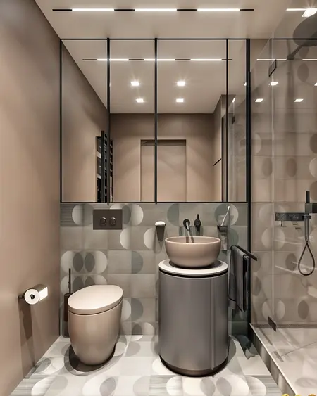 Nowoczesna łazienka z szarymi i beżowymi akcentami, soft minimalizm i współczesny design.