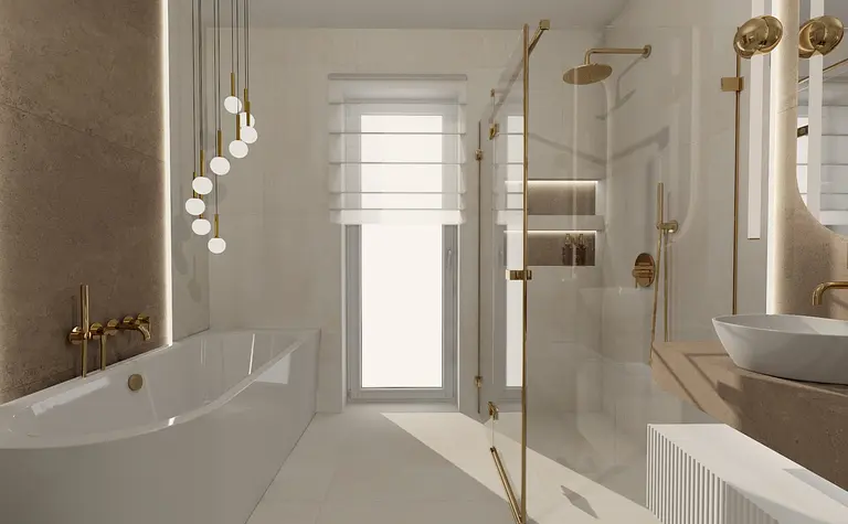 Wnętrze łazienki z wanną, prysznicem i złotymi detalami, w stylu glamour i minimalistycznym.