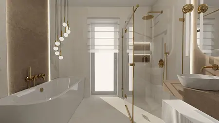 Wnętrze łazienki z wanną, prysznicem i złotymi detalami, w stylu glamour i minimalistycznym.