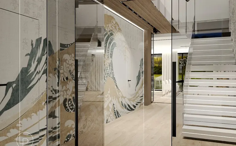 Przedpokój w stylu minimalistycznym z lustrami i nowoczesnymi schodami.