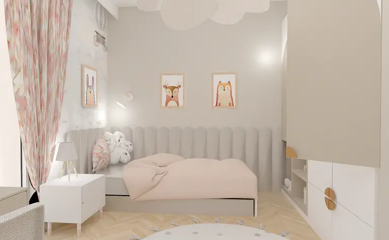 Wnętrze pokoju dziecięcego z różową pościelą, nowoczesnymi meblami i soft minimalizmem.