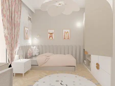Wnętrze pokoju dziecięcego z różową pościelą, nowoczesnymi meblami i soft minimalizmem.