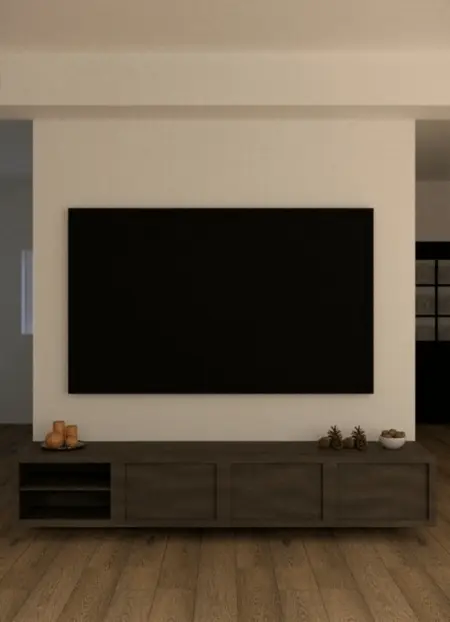 Wnętrze salonu z minimalistycznym i tradycyjnym wystrojem, brązową podłogą i czarnym telewizorem.