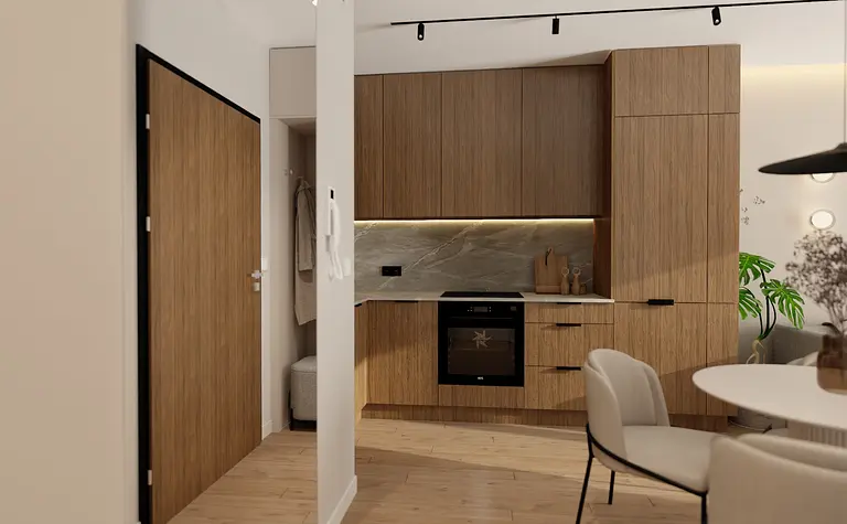 Kuchnia w stylu japandi i minimalistycznym z drewnem i nowoczesnymi detalami.