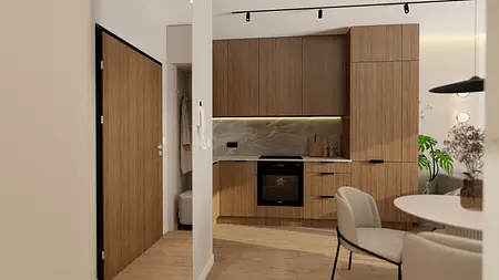 Kuchnia w stylu japandi i minimalistycznym z drewnem i nowoczesnymi detalami.