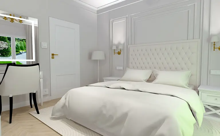 Wnętrze sypialni z białym łóżkiem, szafką i lustrzanym biurkiem w stylu glamour i współczesnym.