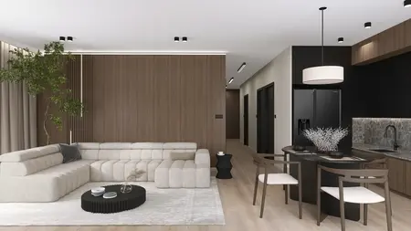 Wnętrze salonu w stylu nowoczesnym i soft minimalizm z jasną sofą i drewnianymi akcentami.