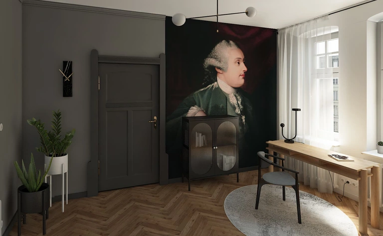 Wnętrze z biurkiem, zieloną ścianą i roślinami, styl dopamine decor.