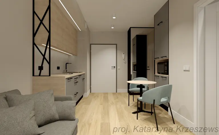 Wnętrze kuchni w stylu industrialnym, minimalistycznym i współczesnym z drewnianymi meblami.