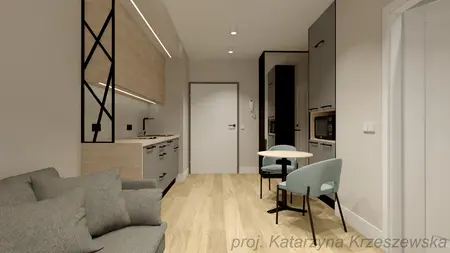 Wnętrze kuchni w stylu industrialnym, minimalistycznym i współczesnym z drewnianymi meblami.
