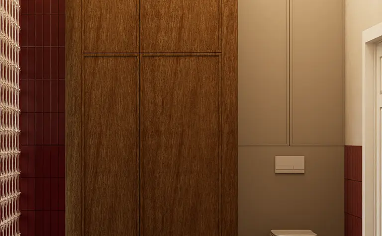 Wnętrze łazienki w stylu art deco z brązową szafą i minimalistycznymi detalami.