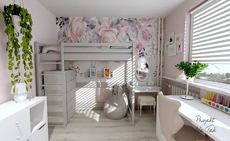 Pokój dziecięcy z różowym muralem i meblami w stylu współczesnym.